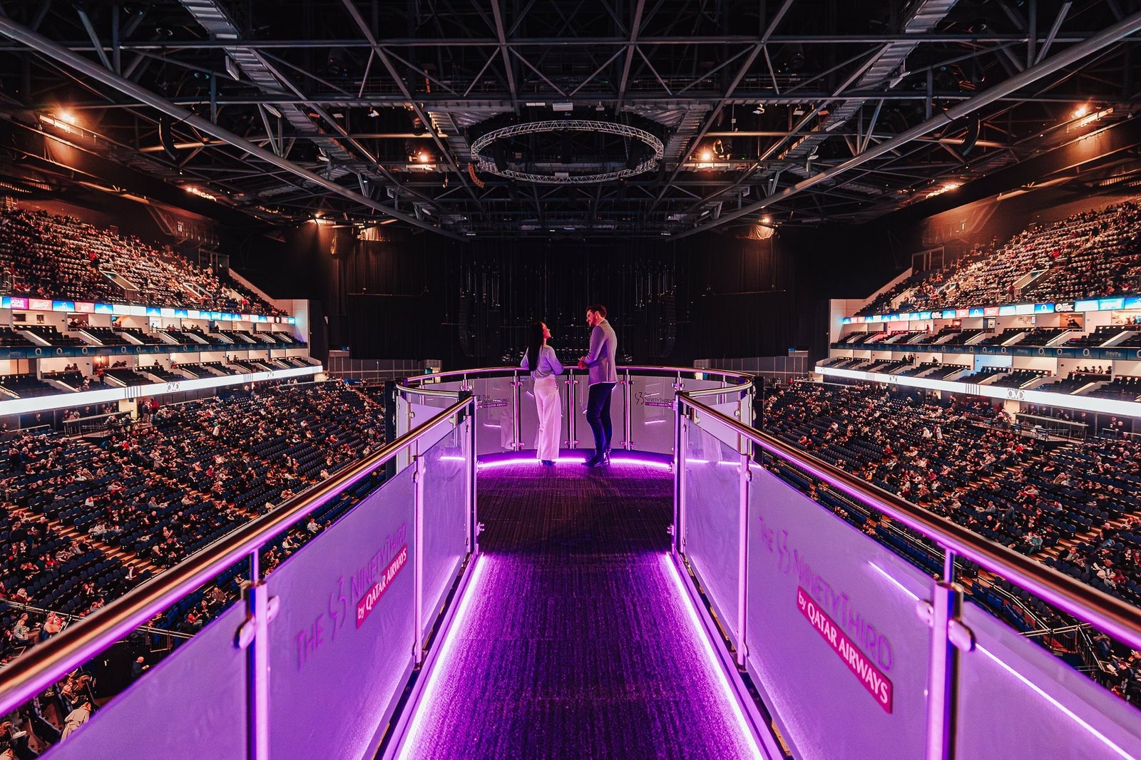 Image of the retractable walkway over the centre of The O2 arena with two people enjoying the view of the arena 